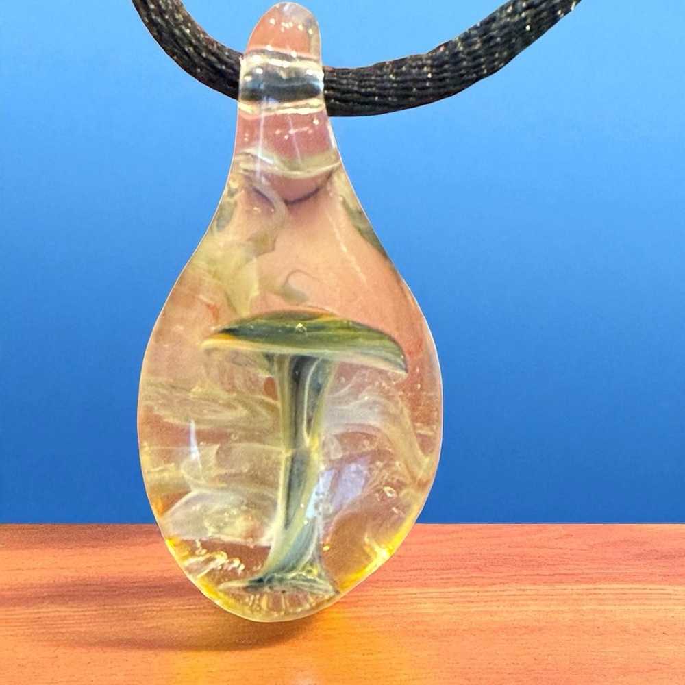 Hand Blown Artisan Hand Crafted Mushroom Art Glass Pendant Necklace
